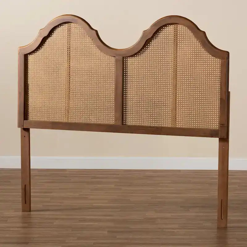 Ash Walnut Wood and Synthetic Rattan Arched Headboard