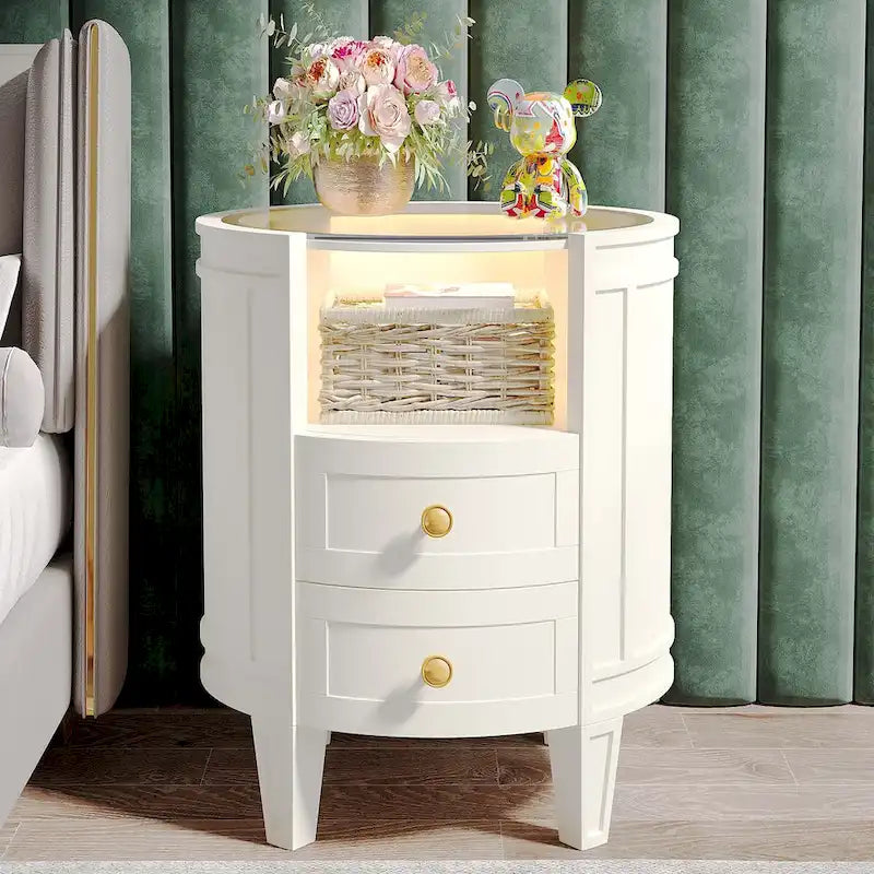 25.5 Inches Tall Round Nightstand Side Table with 2 Drawers LED Light Open Shelf for Bedroom Sofa Side