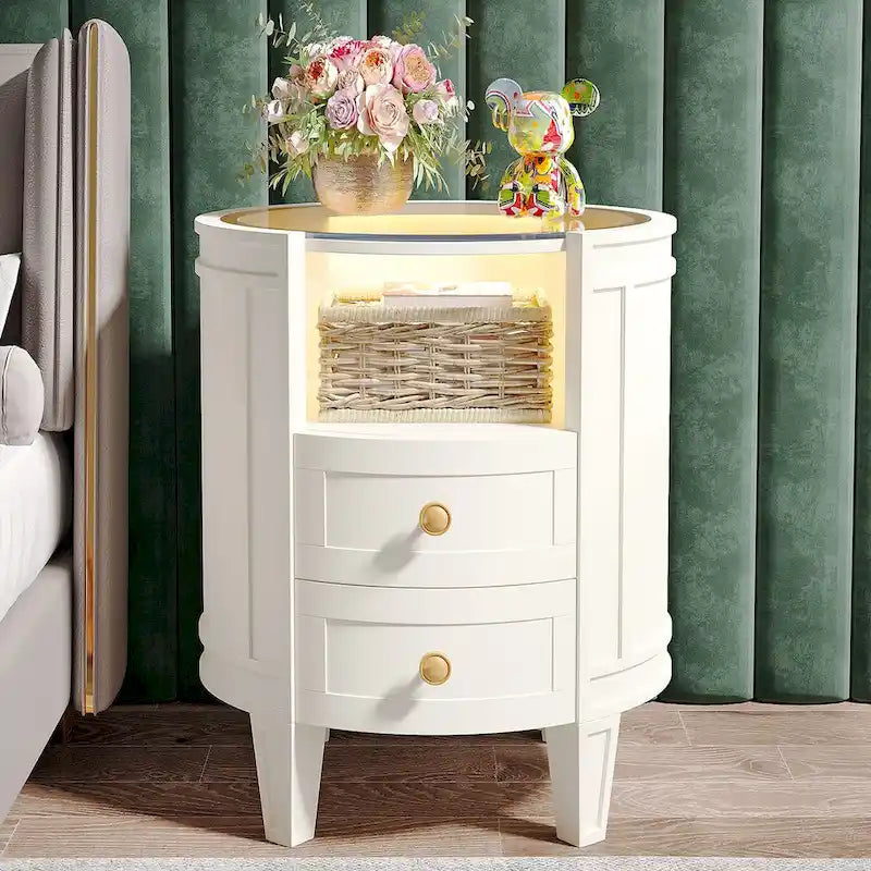 25.5 Inches Tall Round Nightstand Side Table with 2 Drawers LED Light Open Shelf for Bedroom Sofa Side