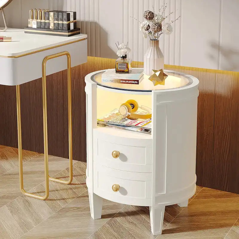 25.5 Inches Tall Round Nightstand Side Table with 2 Drawers LED Light Open Shelf for Bedroom Sofa Side