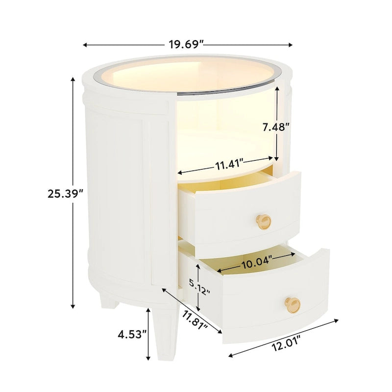 25.5 Inches Tall Round Nightstand Side Table with 2 Drawers LED Light Open Shelf for Bedroom Sofa Side
