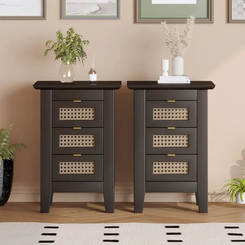 Wooden Nightstands Set of 2 with Rattan-Woven Surfaces and Three Drawers