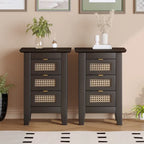 Wooden Nightstands Set of 2 with Rattan-Woven Surfaces and Three Drawers