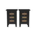 Wooden Nightstands Set of 2 with Rattan-Woven Surfaces and Three Drawers