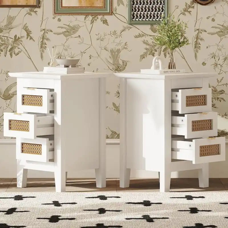 Wooden Nightstands Set of 2 with Rattan-Woven Surfaces and Three Drawers