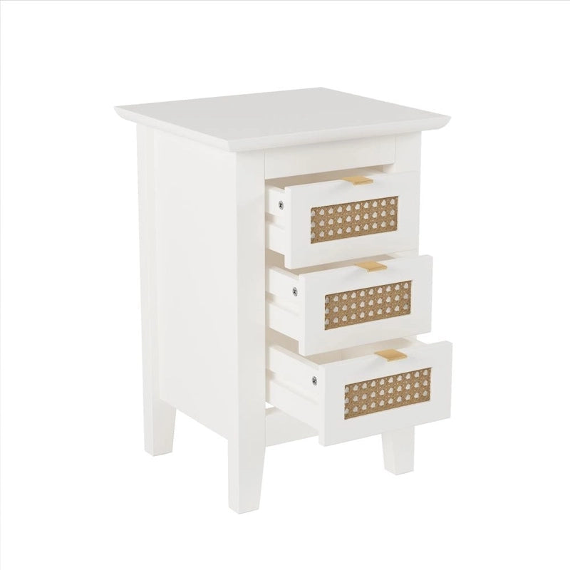 Wooden Nightstands Set of 2 with Rattan-Woven Surfaces and Three Drawers