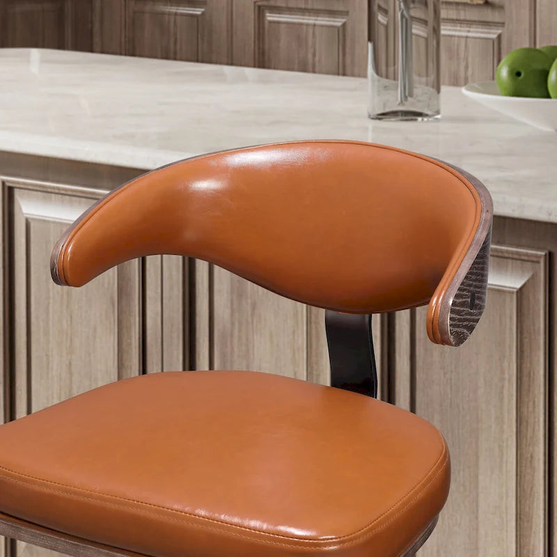 Faux Leather Swivel Adjustable Bar Stool with Wood Accents