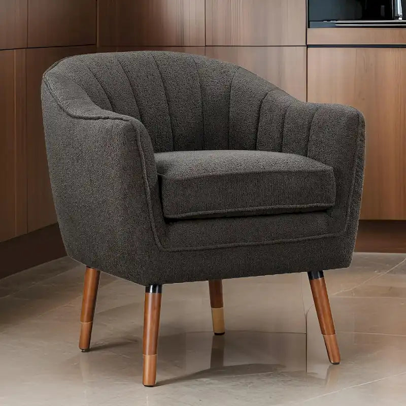 Tia 31 Inch Plush Accent Chair Armchair, Gray Polyester, Brown Solid Wood