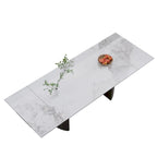 9 - Piece 94.48 Modern Minimalist Extendable Sintered Stone Top Double Pedestal Dining Set With 8 Fabric Chairs