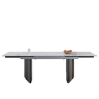 9 - Piece 94.48 Modern Minimalist Extendable Sintered Stone Top Double Pedestal Dining Set With 8 Fabric Chairs