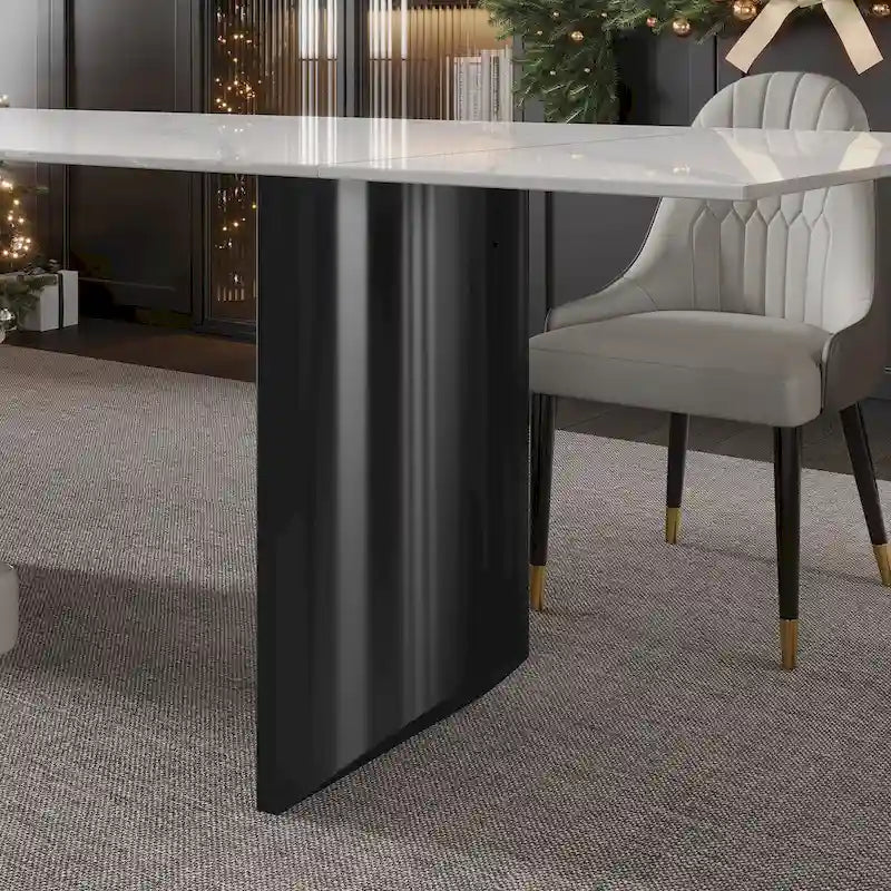 9 - Piece 94.48 Modern Minimalist Extendable Sintered Stone Top Double Pedestal Dining Set With 8 Fabric Chairs
