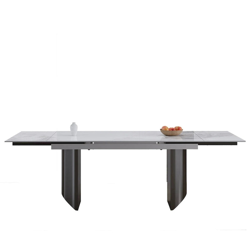9 - Piece 94.48 Modern Minimalist Extendable Sintered Stone Top Double Pedestal Dining Set With 8 Fabric Chairs