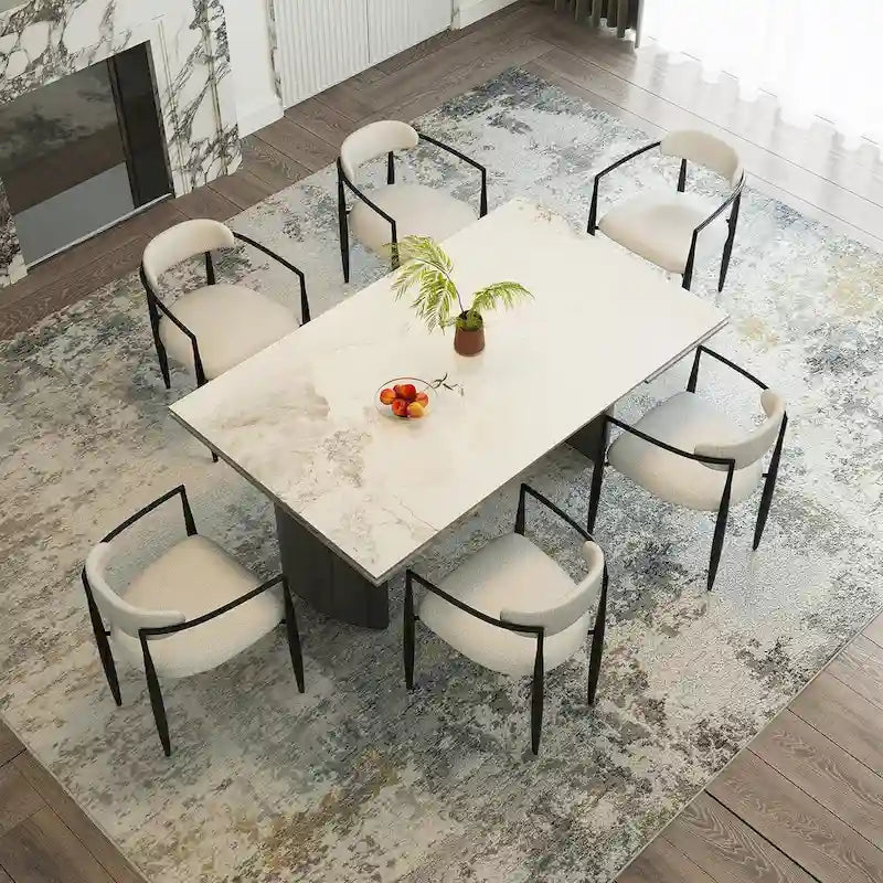 9 - Piece 94.48 Modern Minimalist Extendable Sintered Stone Top Double Pedestal Dining Set With 8 Fabric Chairs
