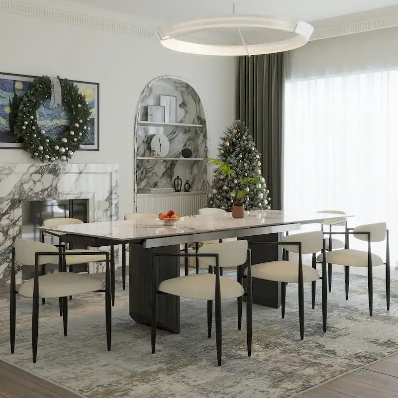 9 - Piece 94.48 Modern Minimalist Extendable Sintered Stone Top Double Pedestal Dining Set With 8 Fabric Chairs