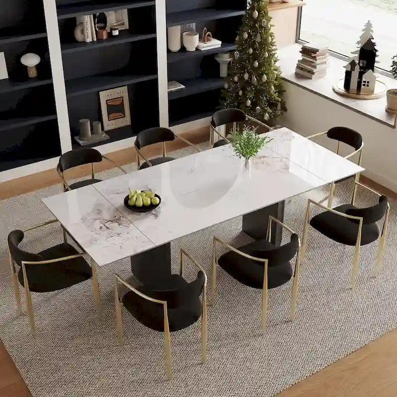 9 - Piece 94.48 Modern Minimalist Extendable Sintered Stone Top Double Pedestal Dining Set With 8 Fabric Chairs