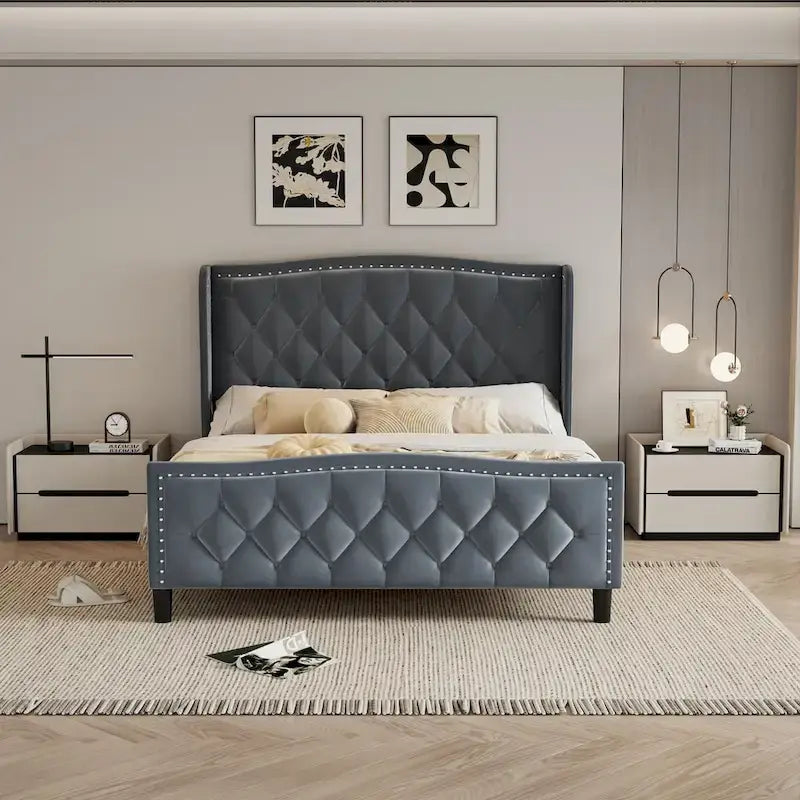 Queen Size Bed Frame,Upholstered Platform Bed with Wingback Headboard,Velvet Bed Frame,Wood Slat Support,No Box Spring Needed