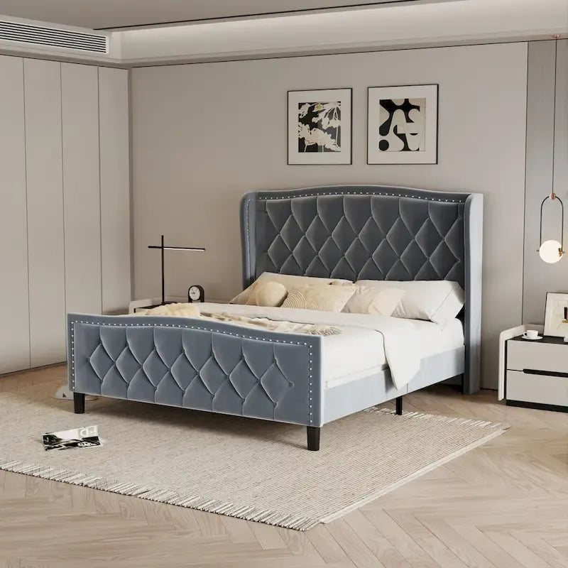 Queen Size Bed Frame,Upholstered Platform Bed with Wingback Headboard,Velvet Bed Frame,Wood Slat Support,No Box Spring Needed